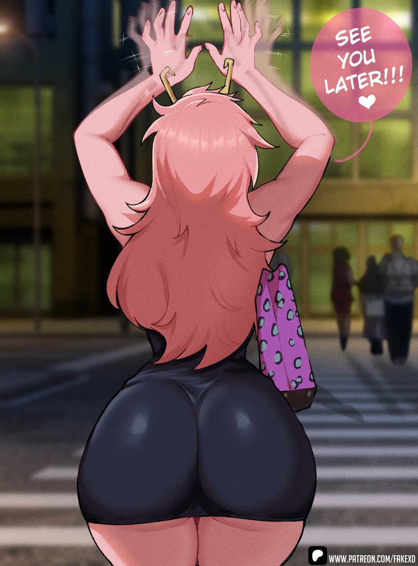 1girl ashido mina ass ass focus boku no hero academia colored skin commentary english commentary english text fake (lord socar) from behind highres h…