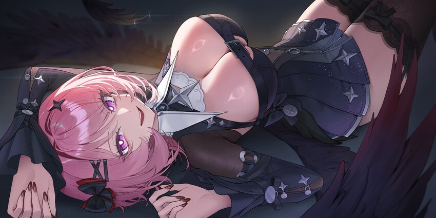 1girl absurdres black bow black dress black shrug black thighhighs black wings bow breasts cleavage commentary dress hair bow hair intakes hair ornam…
