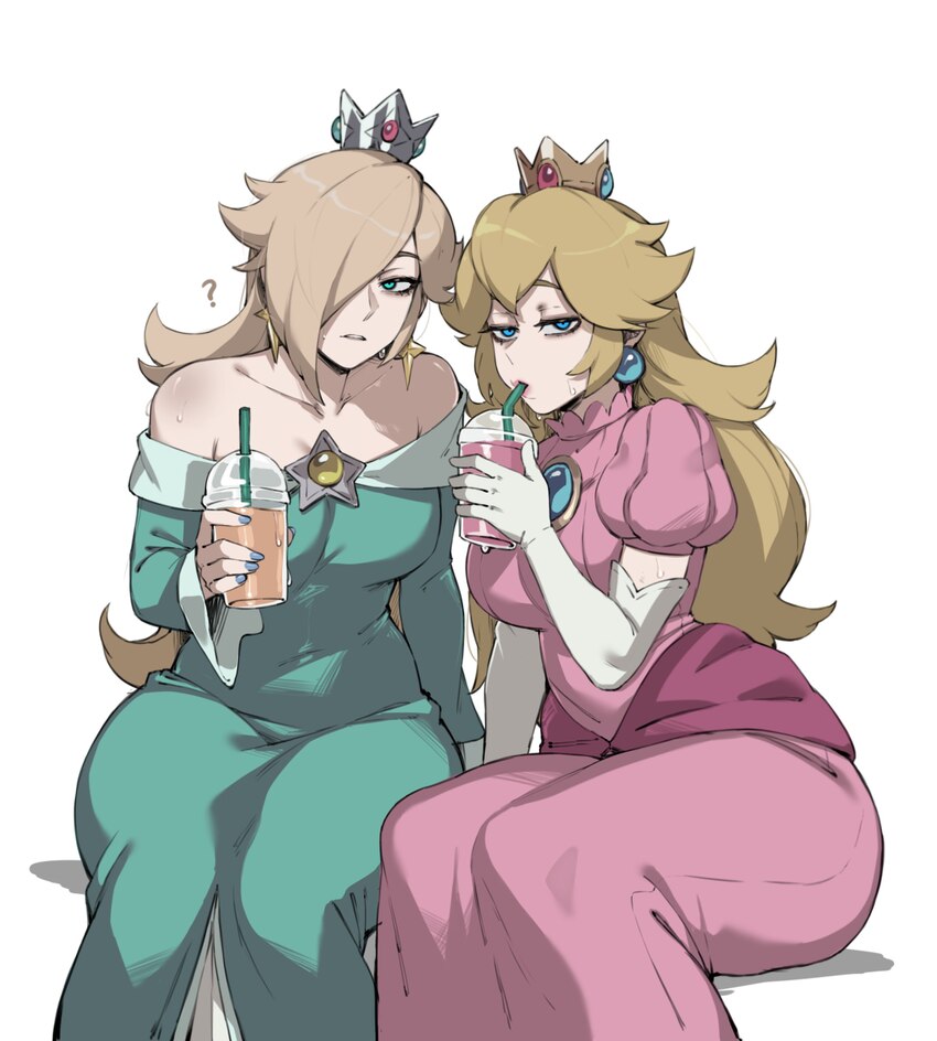 2girls ? absurdres bare shoulders blonde hair blue eyes bubble tea commentary crown cup dress drinking earrings elbow gloves english commentary glove…