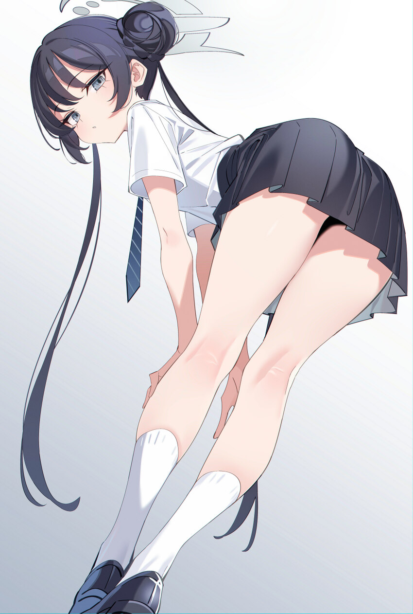 1girl absurdres ass bent over black hair black skirt blue archive blue necktie double bun english commentary from behind full body gradient backgroun…