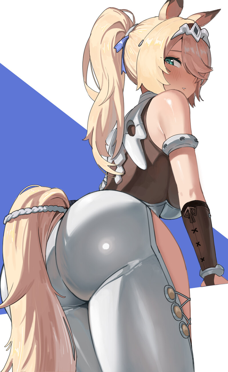 1girl animal ears aozora 1051 armor ass blonde hair breastplate breasts commentary green eyes hairband highres horse ears horse girl horse tail long …