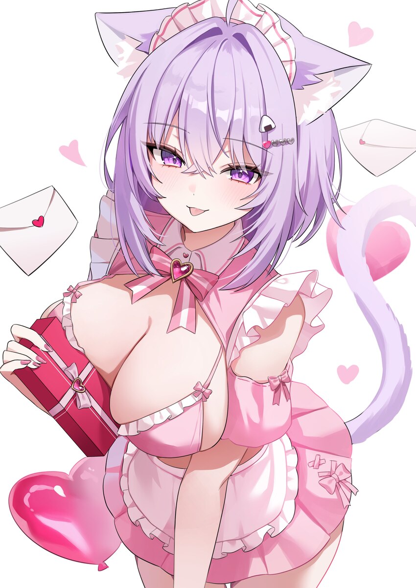 1girl  p absurdres animal ears balloon box breasts cat ears cat girl cat tail cleavage commentary enmaided gift gift box heart balloon highres holdin…