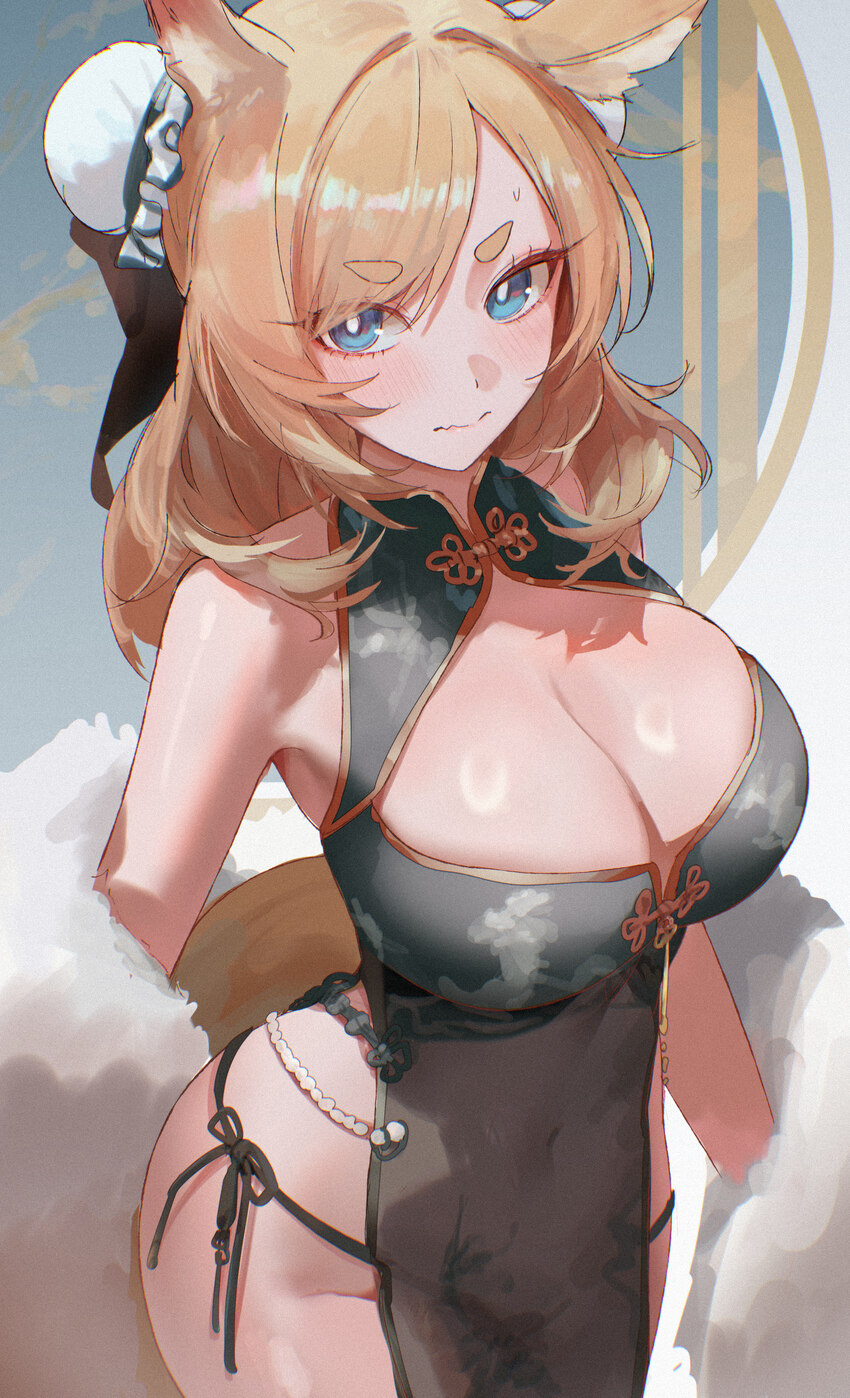 1girl absurdres animal ears arknights black dress blonde hair blue eyes blush breasts bun cover chinese clothes cleavage commentary request cropped d…