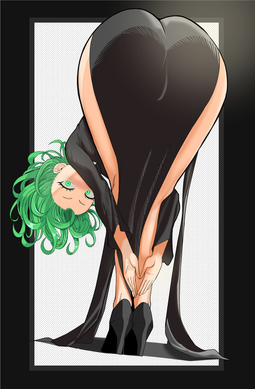 1girl alt text amen pose (meme) ass ass focus bent over black border black dress black shoes blush border curly hair dress english commentary from be…