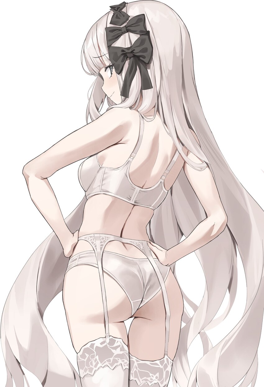 1girl absurdres ass back black bow black eyes blunt bangs blush bow bra breasts commentary cowboy shot english commentary fate/strange fake fate (ser…