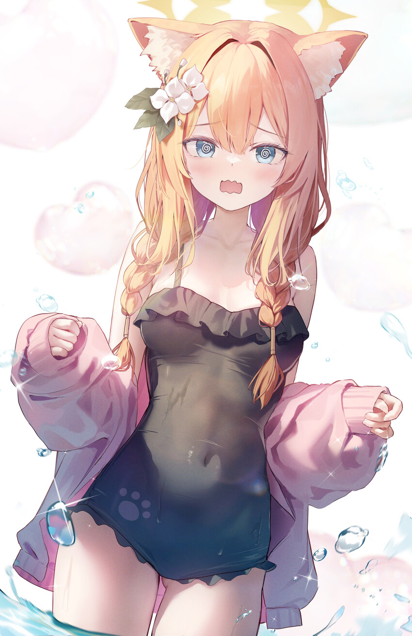 1girl @ @ absurdres animal ear fluff animal ears ass visible through thighs black one-piece swimsuit blue archive blue eyes blush braid breasts cat e…