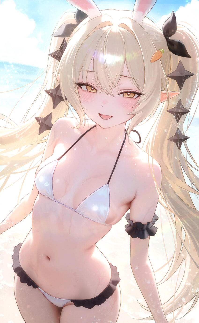 1girl absurdres animal ears arm scrunchie bare shoulders bikini blonde hair breasts carrot hair ornament commentary commission cowboy shot day extra …