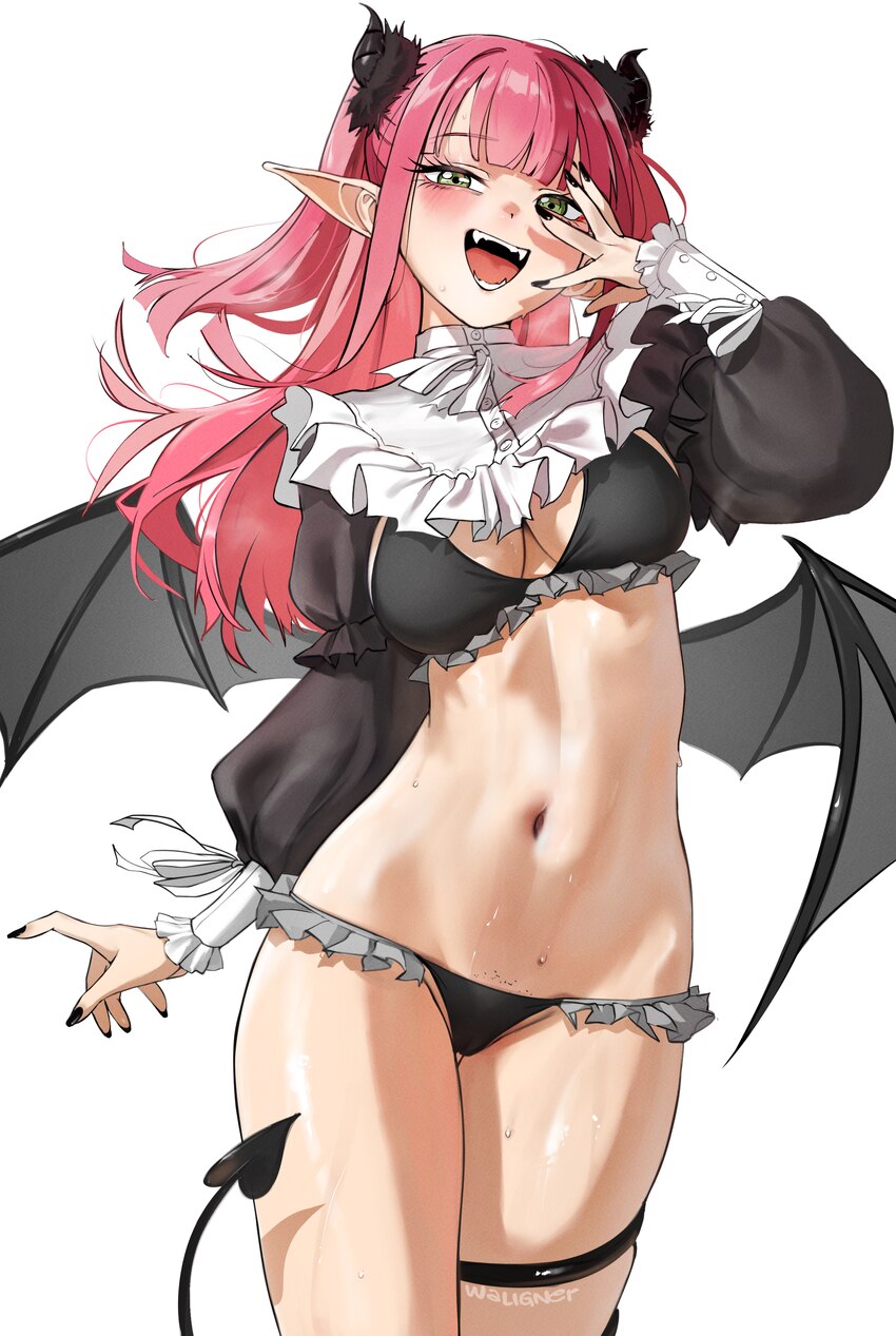 1girl absurdres bib collar black bra black horns black nails black panties black shrug black wings blush bra breasts cleavage commentary demon girl d…