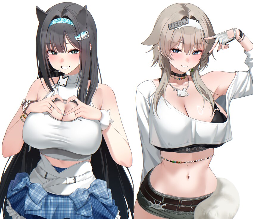 2girls aqua headband belt black choker black nails black sports bra blue eyes blue skirt bow bracelet breasts cat necklace cat ornament choker cleava…