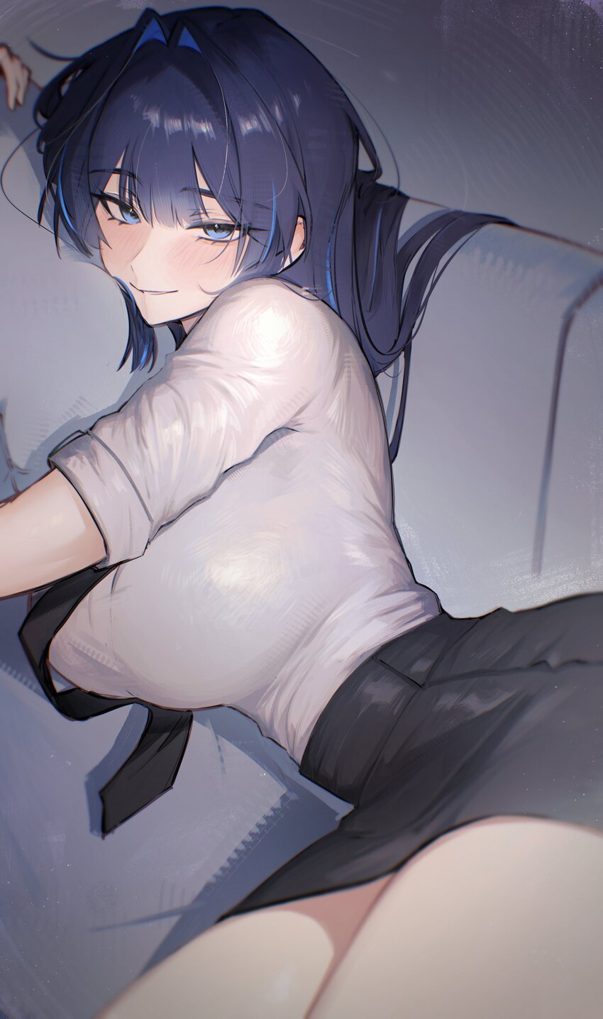 1girl absurdres black necktie black skirt blue eyes blue hair breasts collared shirt colored inner hair commentary hair intakes highres hololive holo…