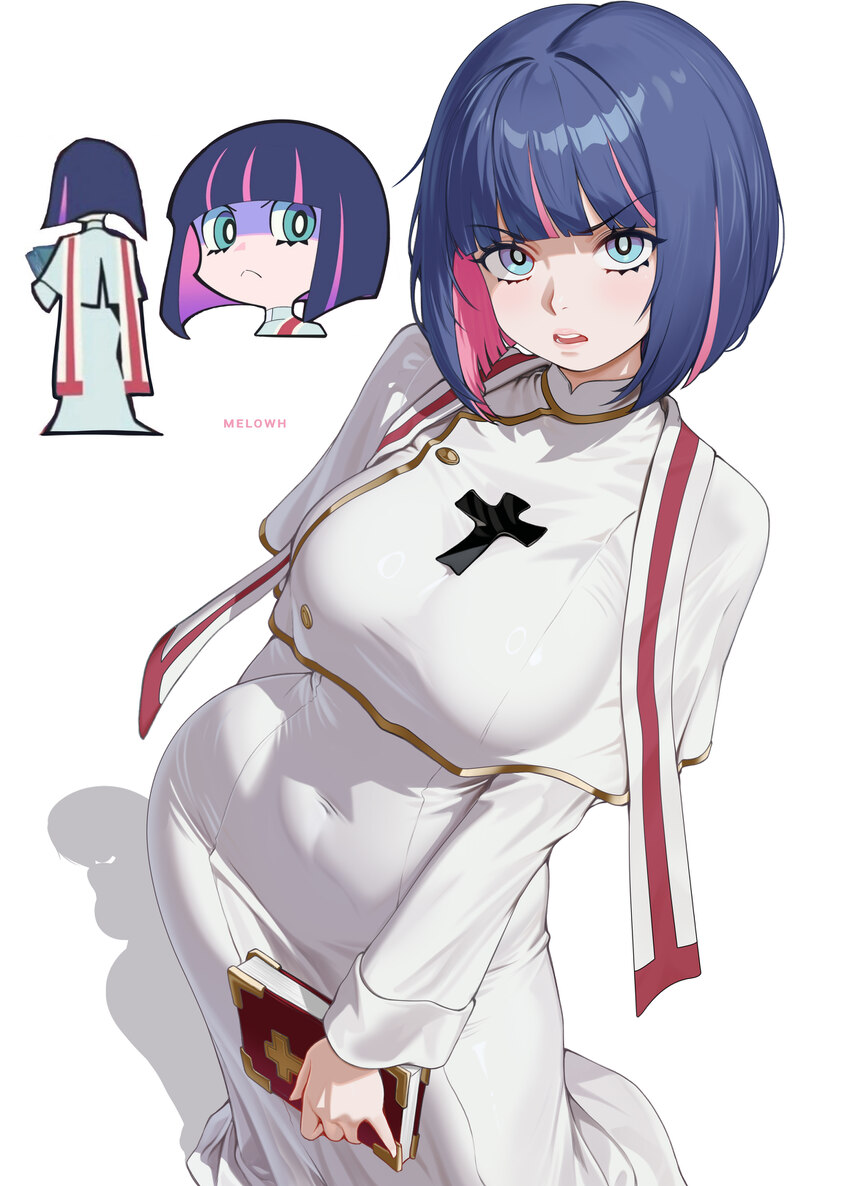 1girl absurdres artist name blue eyes blue hair blunt bangs bob cut book breasts chibi colored inner hair commentary covered navel cross dress englis…