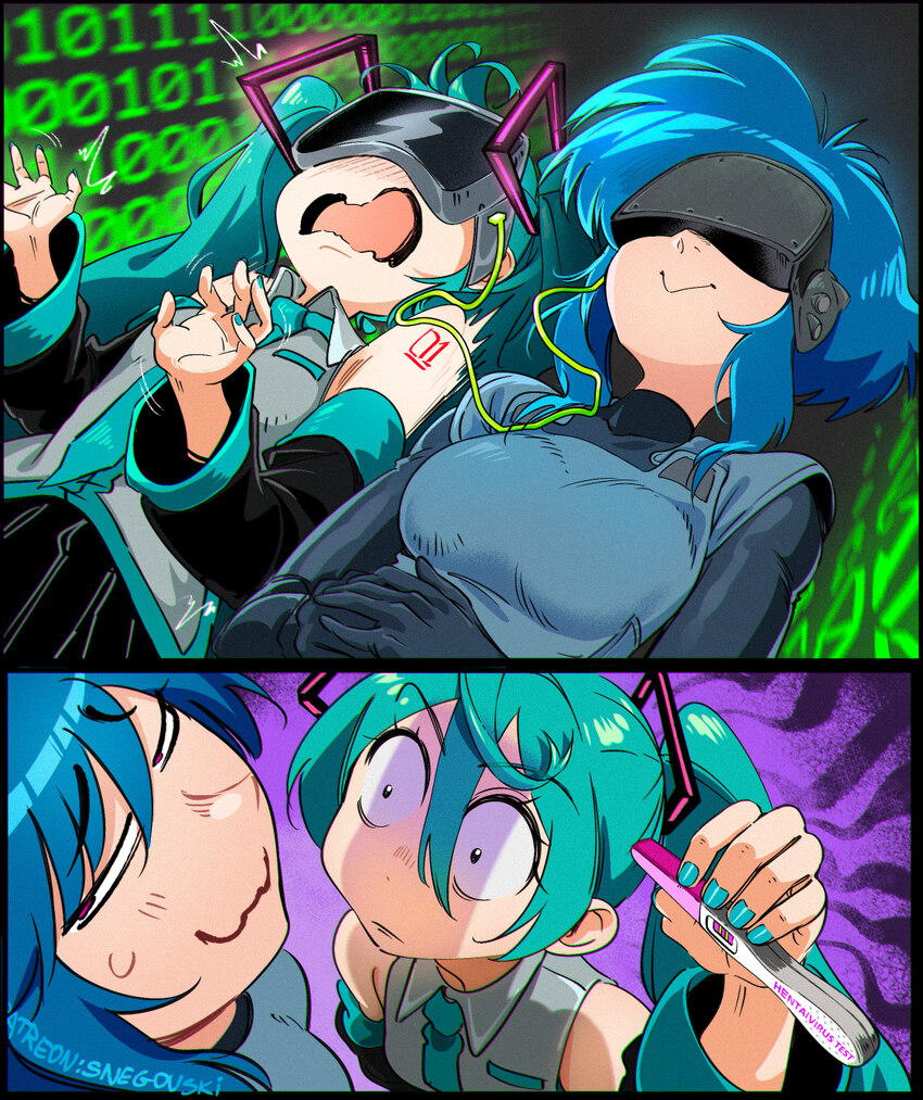 2girls    3 absurdres aqua hair aqua nails aura averting eyes binary blue hair commentary constricted pupils covered eyes crossover dark aura english…