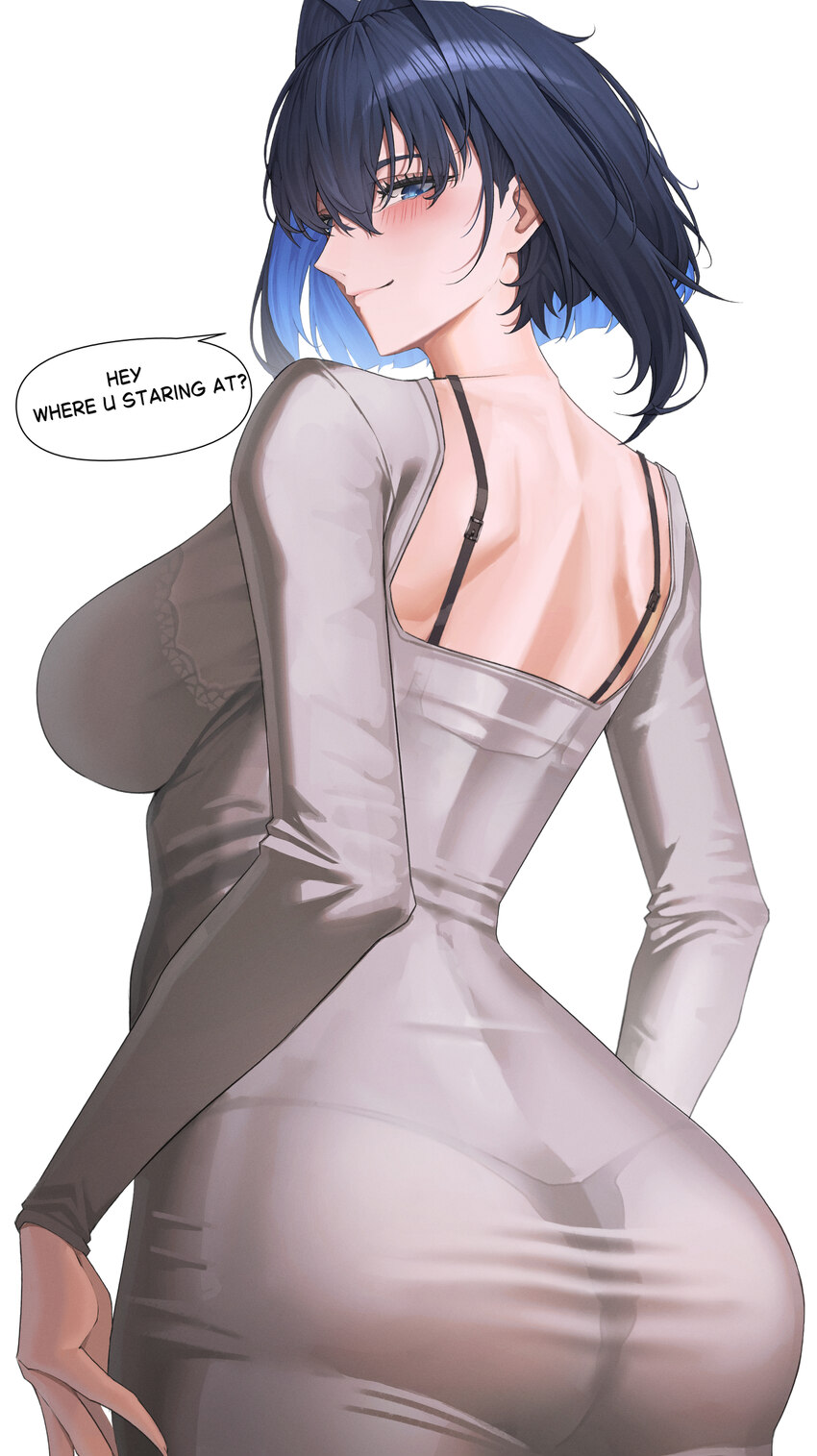 1girl absurdres alternate costume ass black bra black panties blue eyes blue hair blush bra bra visible through clothes breasts chco closed mouth col…