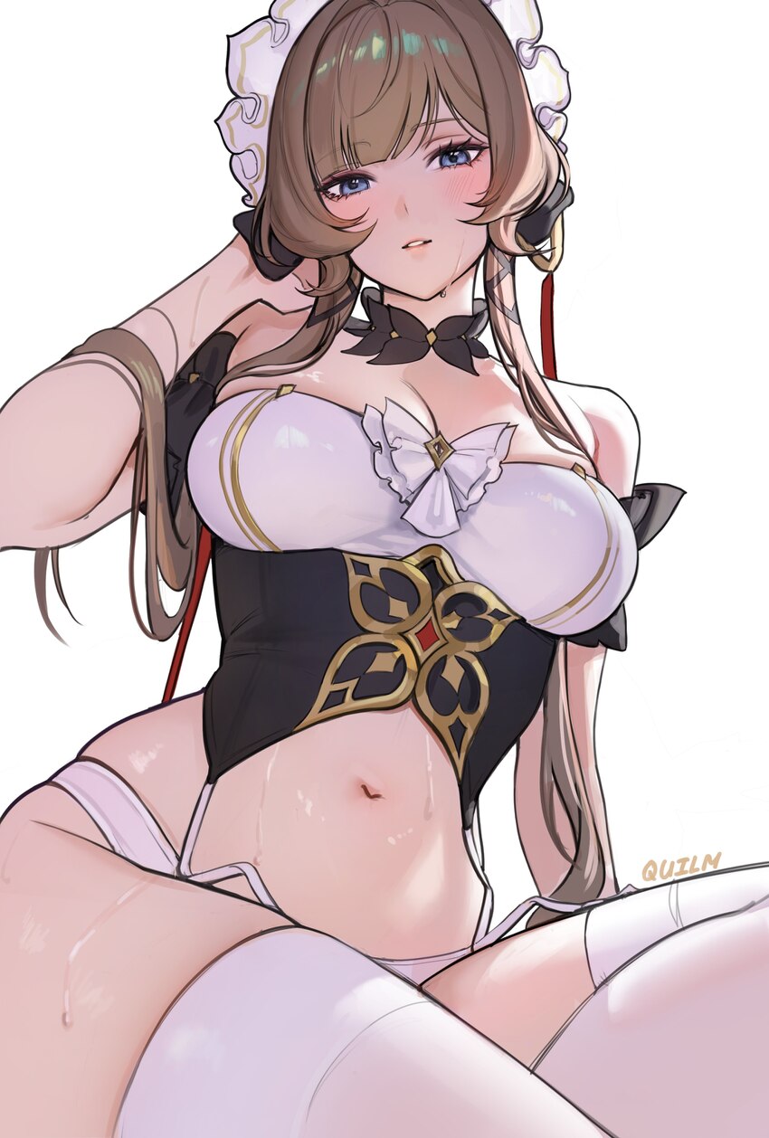 1girl absurdres bare shoulders blue eyes blush breasts brown hair cleavage commentary detached collar genshin impact hand in own hair highres large b…