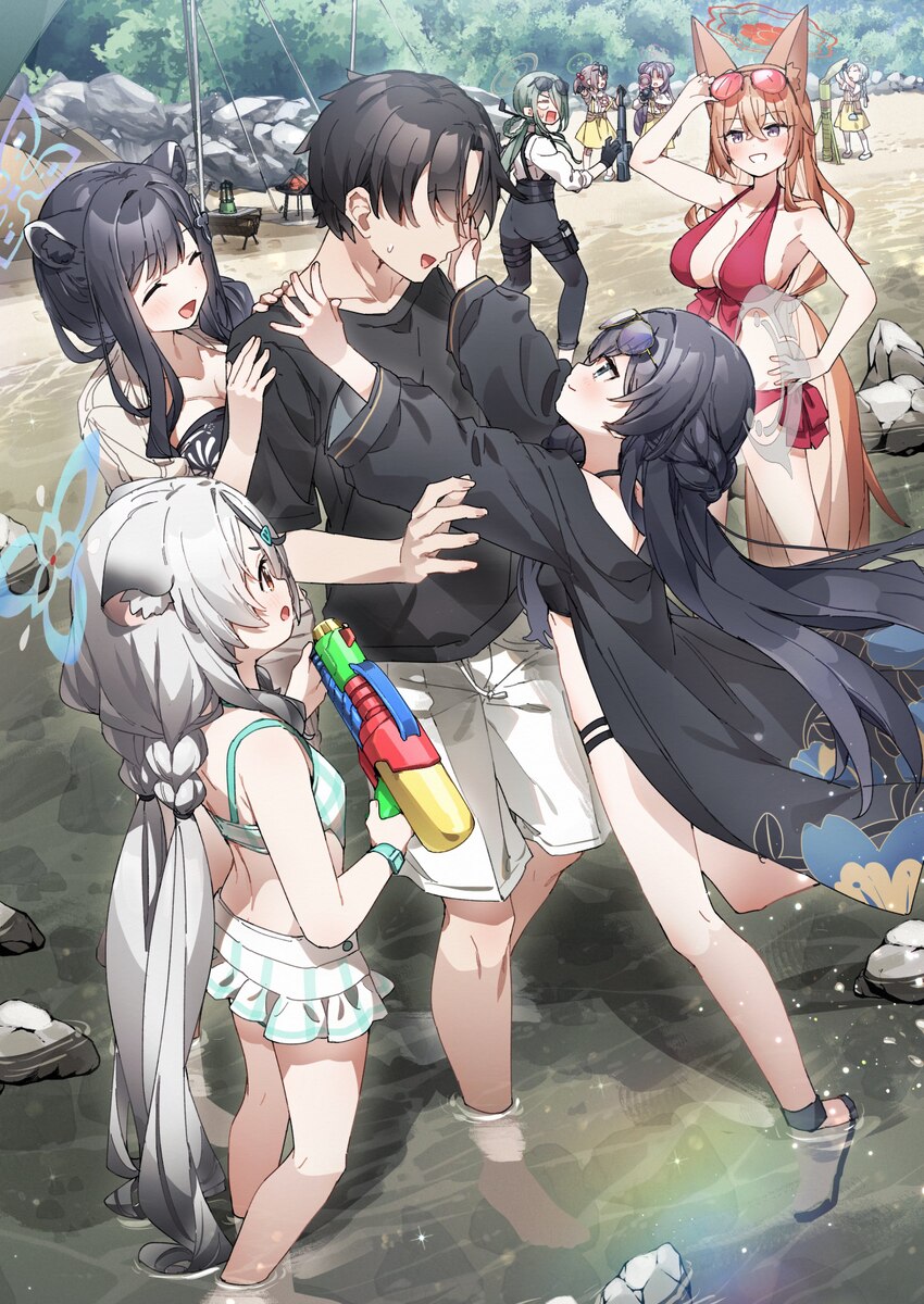 1boy 6+girls  d absurdres beach bikini black bikini black hair blue archive blue halo blush braid breasts cleavage closed eyes commentary request den…