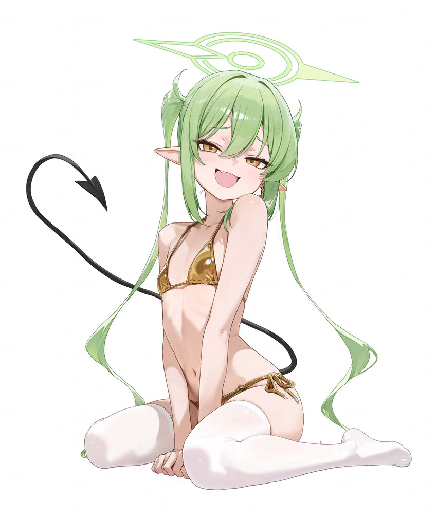 1girl absurdres bikini black tail blue archive blush breasts commentary request demon girl demon tail earrings film grain full body gold bikini gold …
