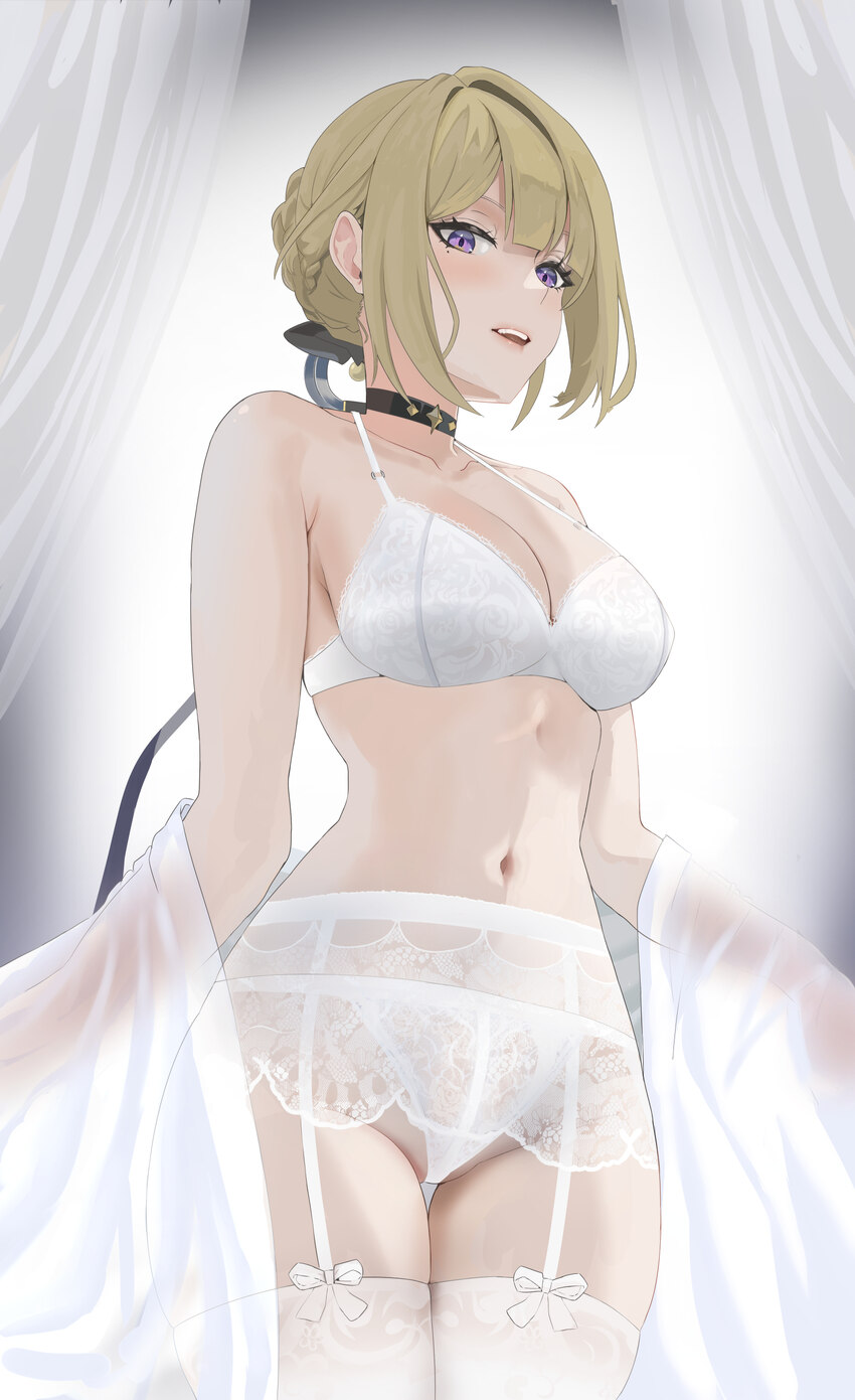 1girl absurdres black choker blonde hair bra breasts choker cleavage commentary evelyn chevalier garter belt garter straps hair intakes highres large…