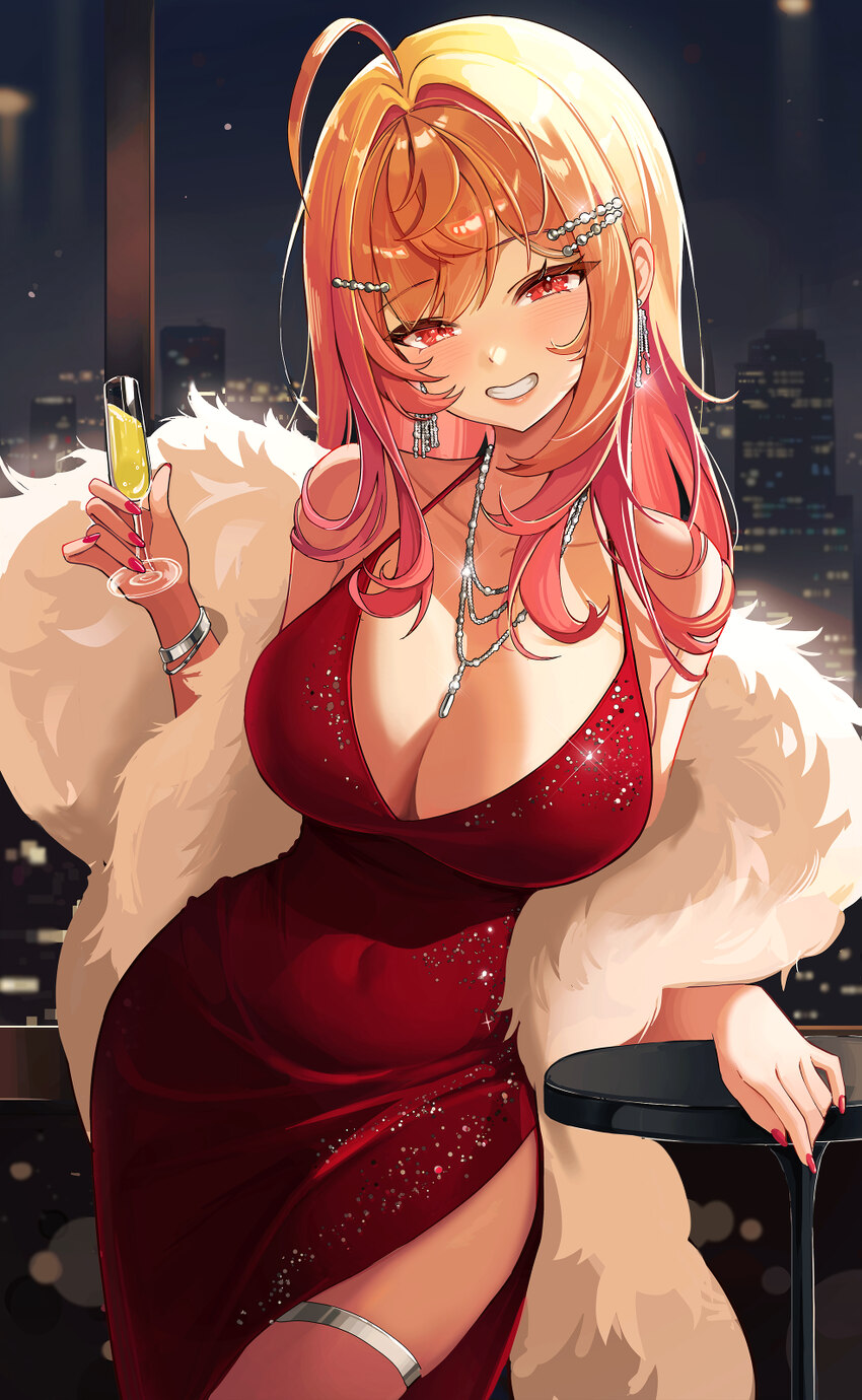 1girl absurdres ahoge alcohol alternate costume bare shoulders bracelet breasts champagne champagne flute cleavage commentary cowboy shot cup dress d…