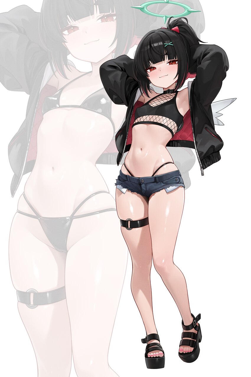 1girl absurdres alternate costume armpits arms behind head arms up bikini bikini bottom under shorts bikini under clothes black bikini black hair bla…