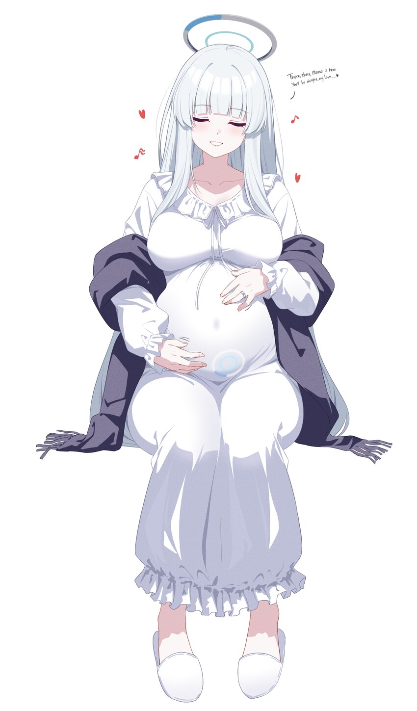 1girl absurdres black jacket blue archive blush breasts closed eyes collarbone commentary english text frilled nightgown full body halo hands on own …