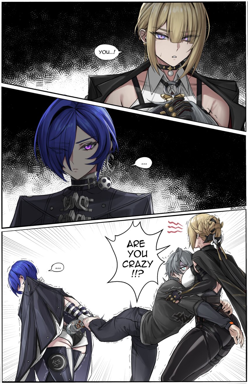 ... 1boy 2girls absurdres anger vein ass bait and switch between breasts black cloak black pants blonde hair bound bound wrists breasts cloak cluhob …