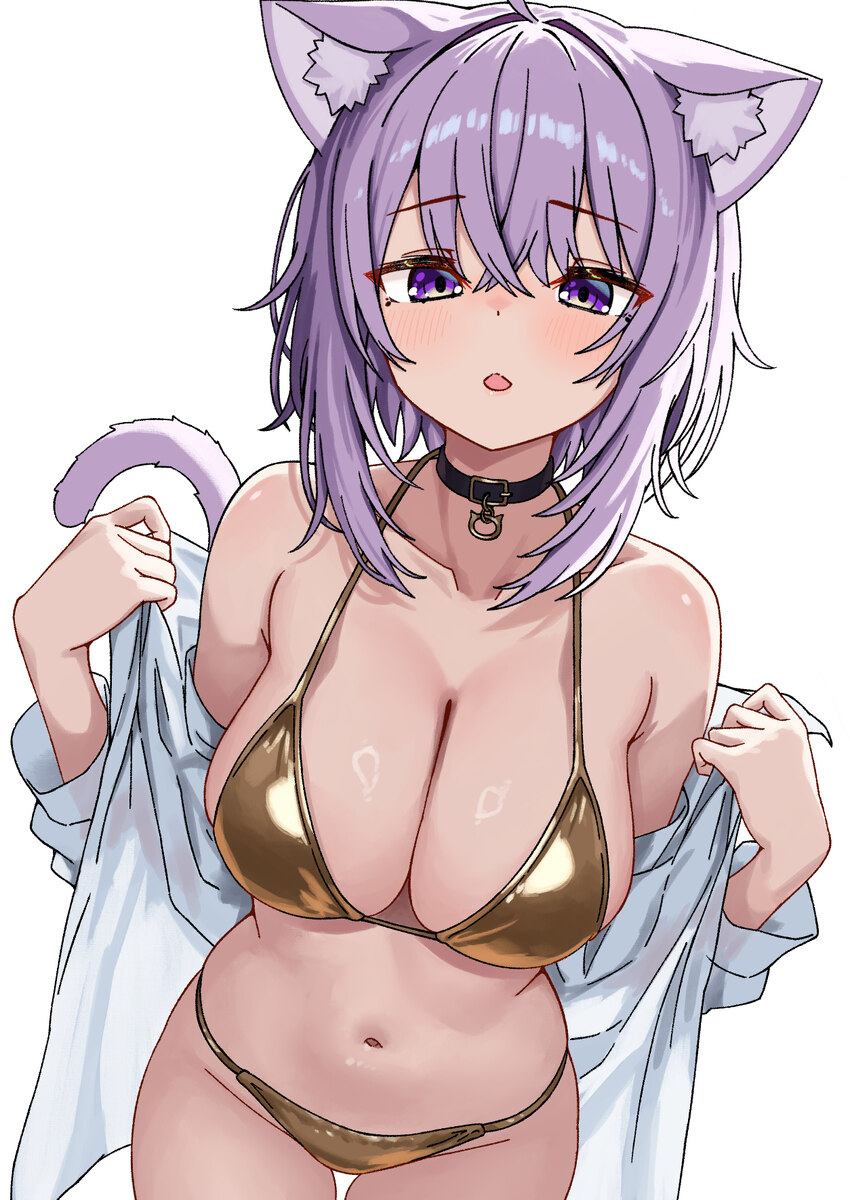 1girl absurdres animal ears bikini blush breasts cat ears cat girl cat tail collar commentary request daelriibres gold bikini highres hololive large …