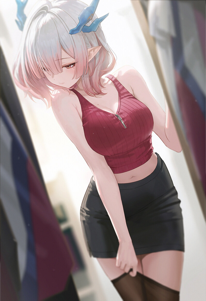 1girl alternate costume arknights arknights  endfield bare arms bare shoulders black skirt blue horns blurry blurry background blush breasts brown pa…
