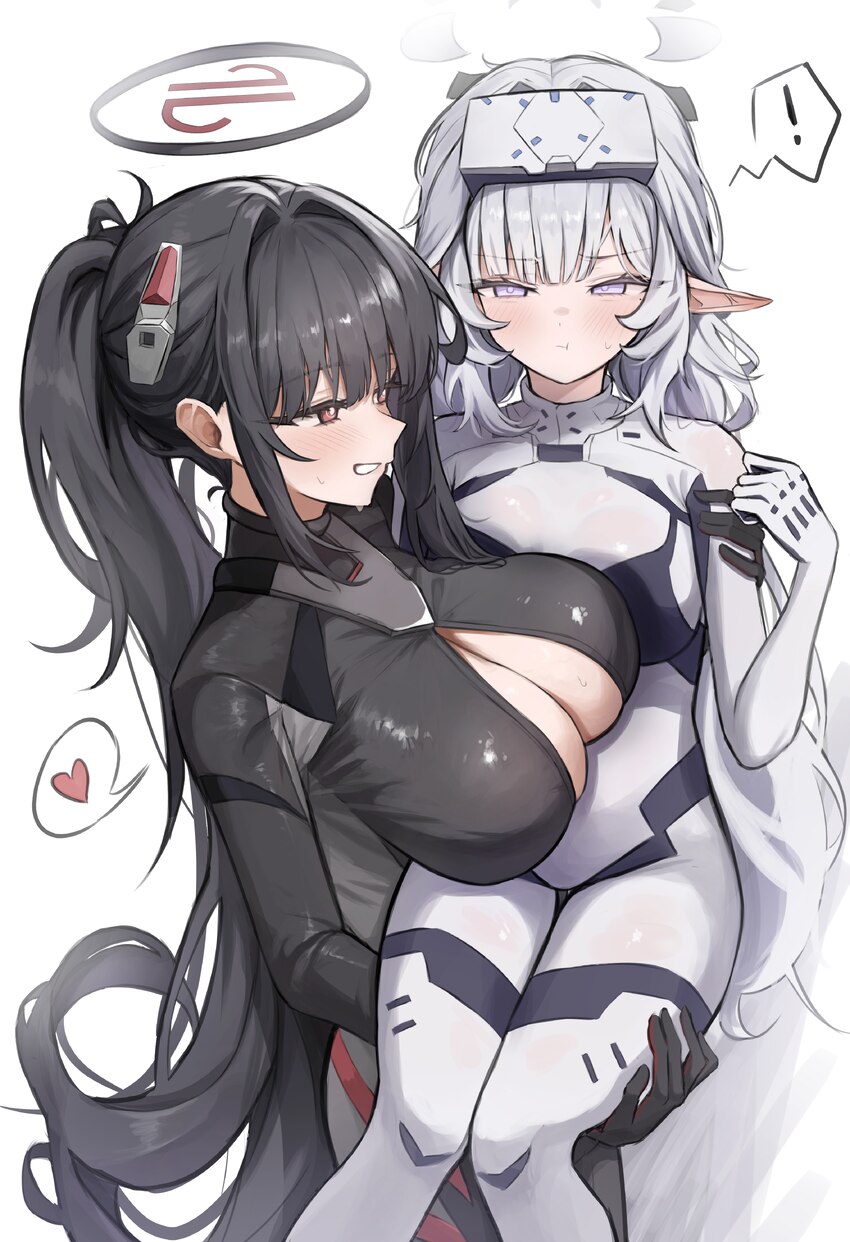 ... 2girls absurdres alternate breast size (larger) black bodysuit black hair blue archive bodysuit breasts carrying center opening cleavage commenta…
