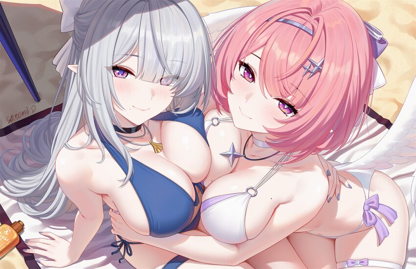 2girls asymmetrical docking beach bikini blue bikini breast press breasts chinese commentary cleavage commentary request grey hair highres hug jewelr…
