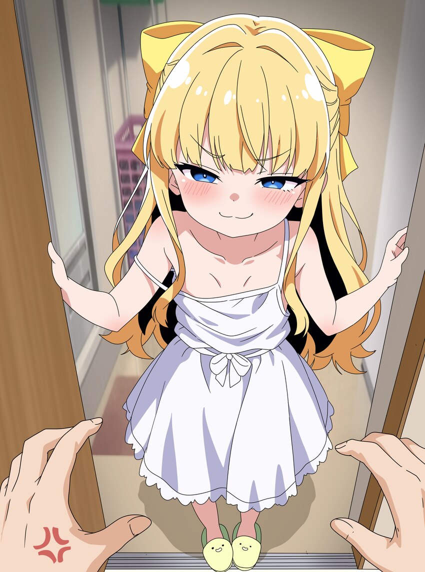 1boy 1girl  3 absurdres anger vein bad id bad pixiv id blonde hair blue eyes blush bow closed mouth collarbone commentary doorway dress eufoniuz flat…