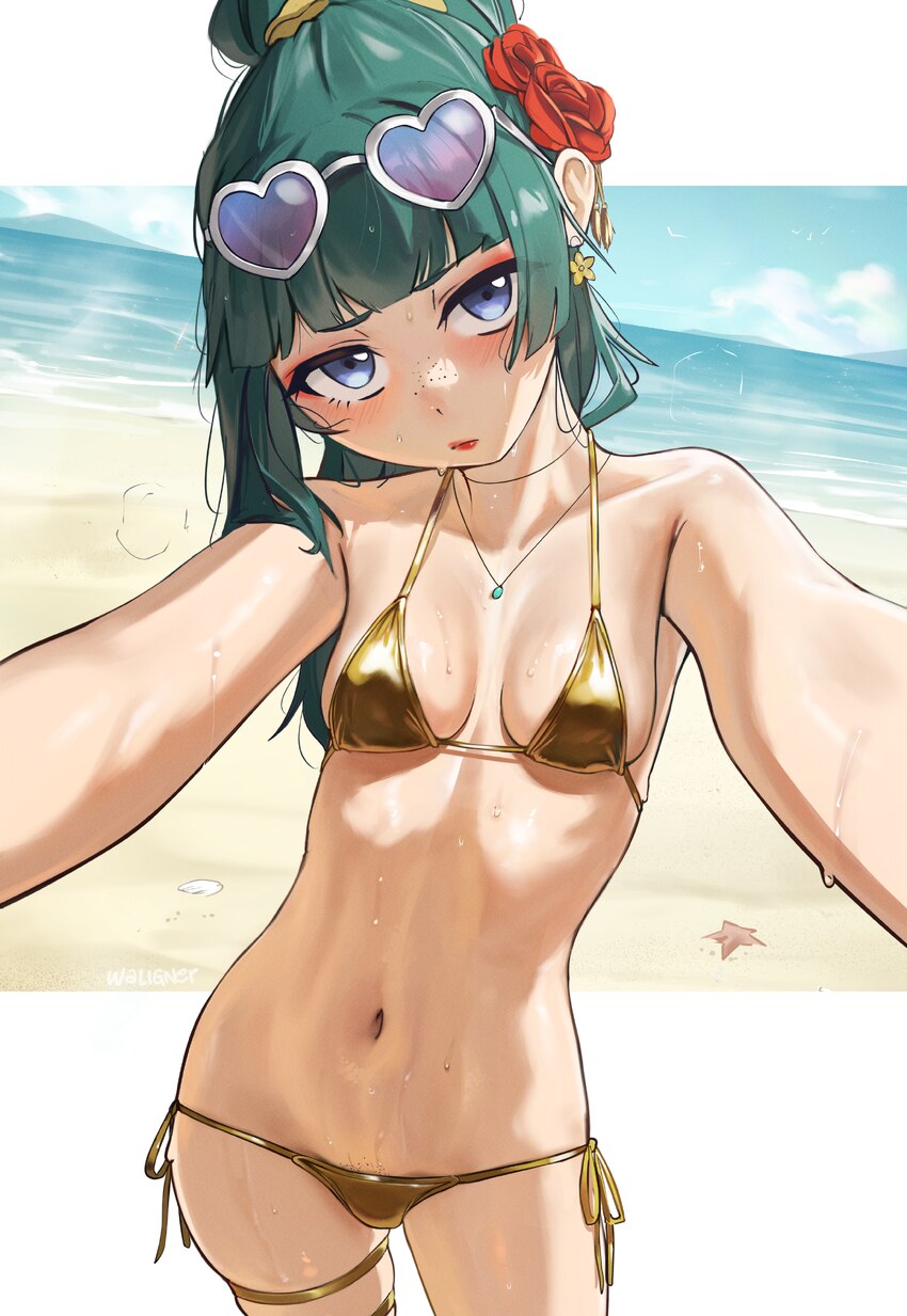 1girl absurdres alternate costume bare shoulders bikini blunt bangs breasts collarbone commentary english commentary female pubic hair flower gold bi…