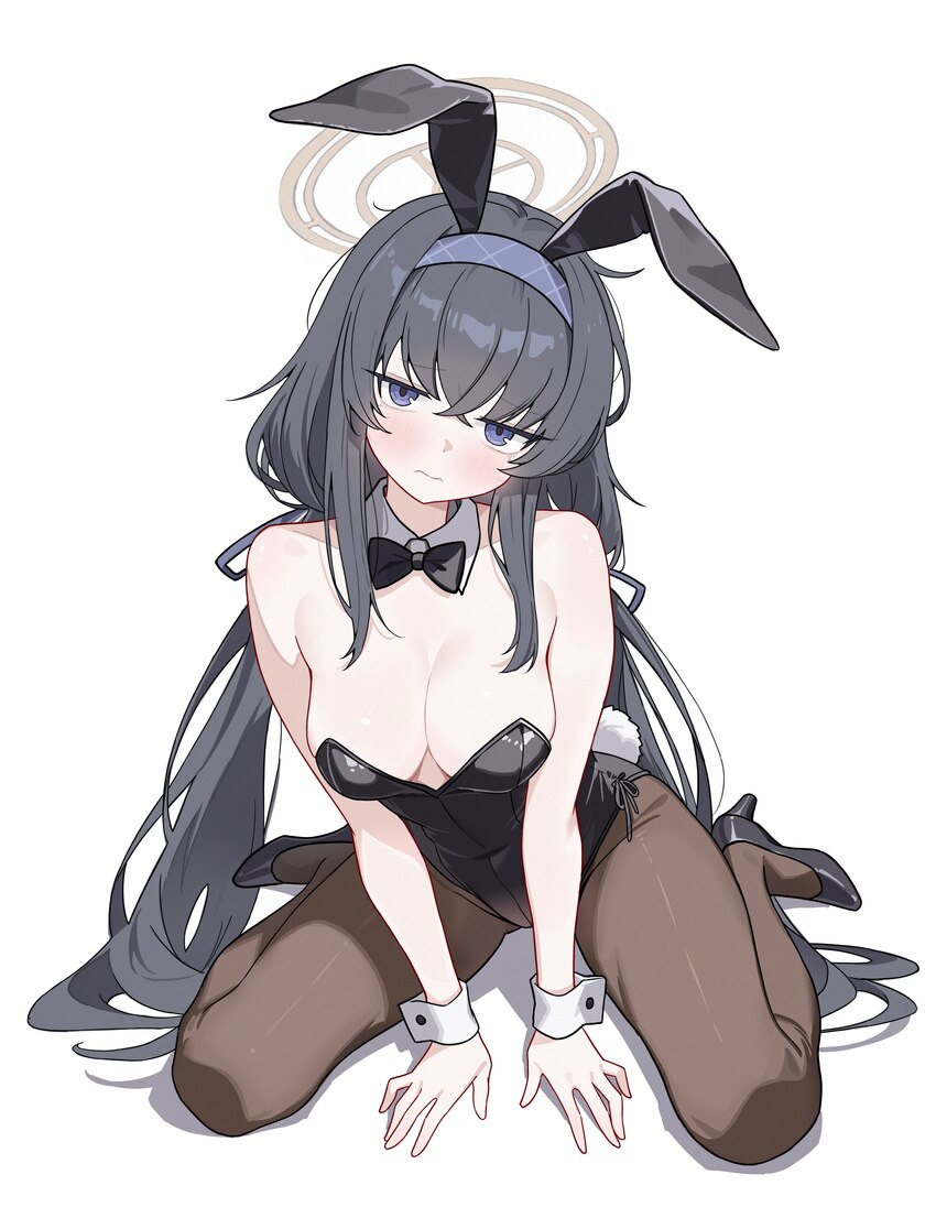 1girl absurdres alternate breast size (larger) animal ears bare shoulders black bow black bowtie black hair black leotard black pantyhose blue archiv…