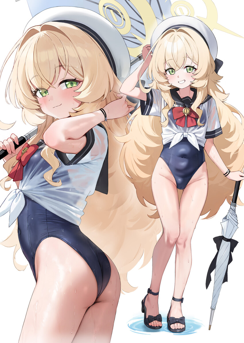 1girl absurdres ass ass visible through thighs beret black sailor collar blonde hair blue archive blue one-piece swimsuit blush bow bowtie breasts cl…