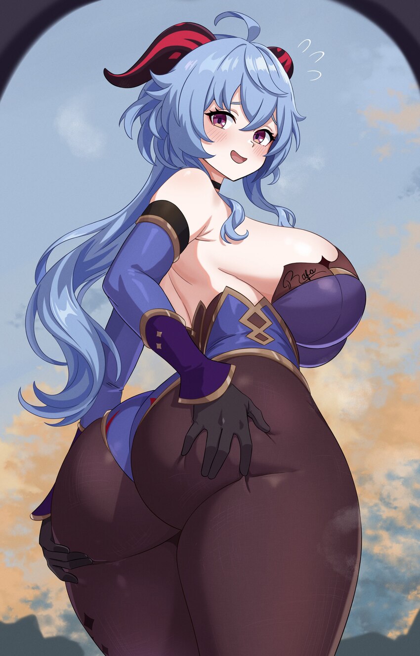 1girl absurdres alternate breast size (larger) ass backless outfit bare shoulders black gloves blue hair blush breasts choker commentary cosplay cowb…