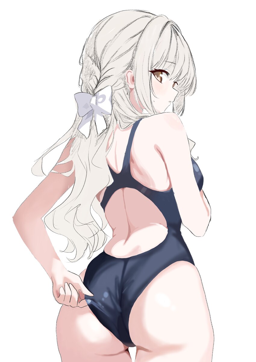 1girl absurdres adjusting clothes adjusting swimsuit ass back bare arms bare shoulders black one-piece swimsuit blue archive bow braid commentary req…