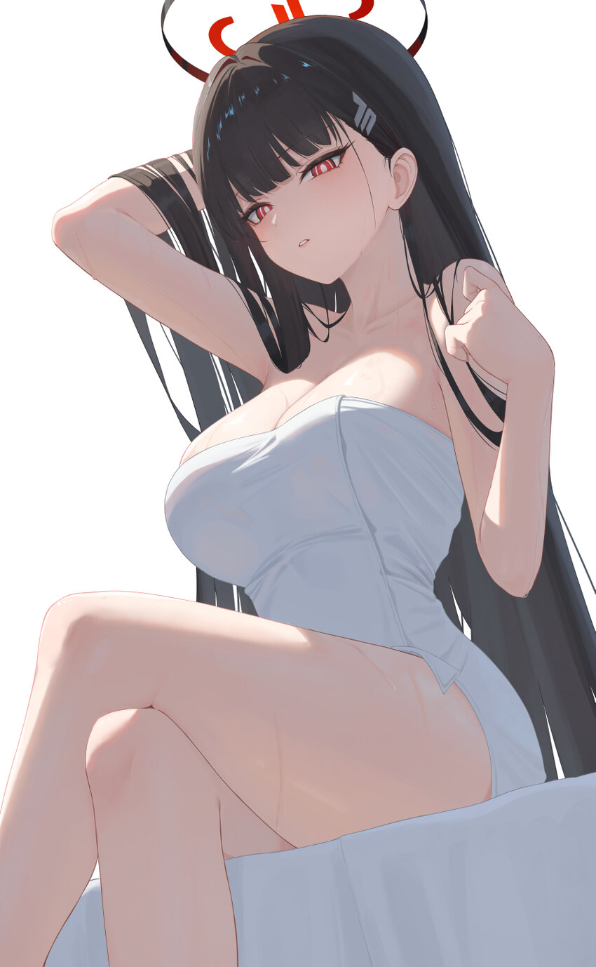 1girl absurdres black hair blue archive breasts cleavage commentary crossed legs hair lift halo highres large breasts long hair multicolored halo nak…