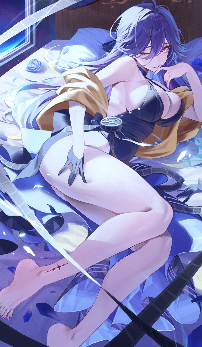 1girl absurdres bare legs bare shoulders barefoot bed black dress black gloves breasts cleavage commentary dress film strip fingernails gloves hair b…