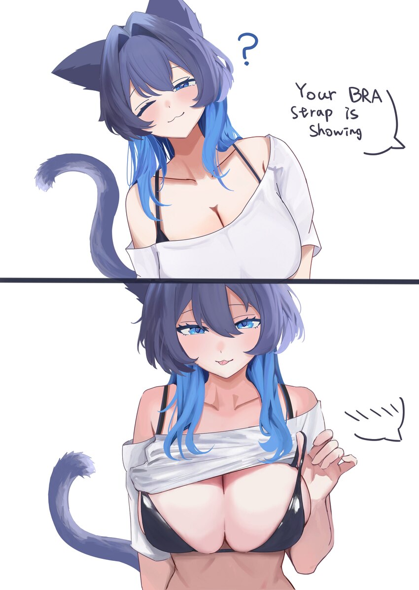 2koma 3 ?  3  p absurdres animal ears black bra blue eyes blue hair bra breasts cat ears cat girl cat tail cleavage clothes lift colored inner hair c…