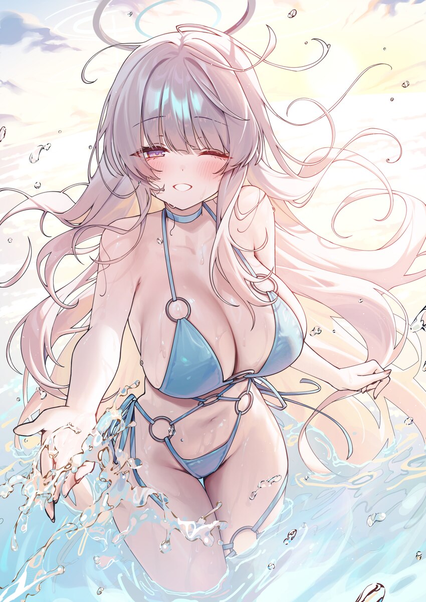 1girl alternate costume bare shoulders blue archive blush breasts cleavage commentary halo highres large breasts long hair looking at viewer mechanic…