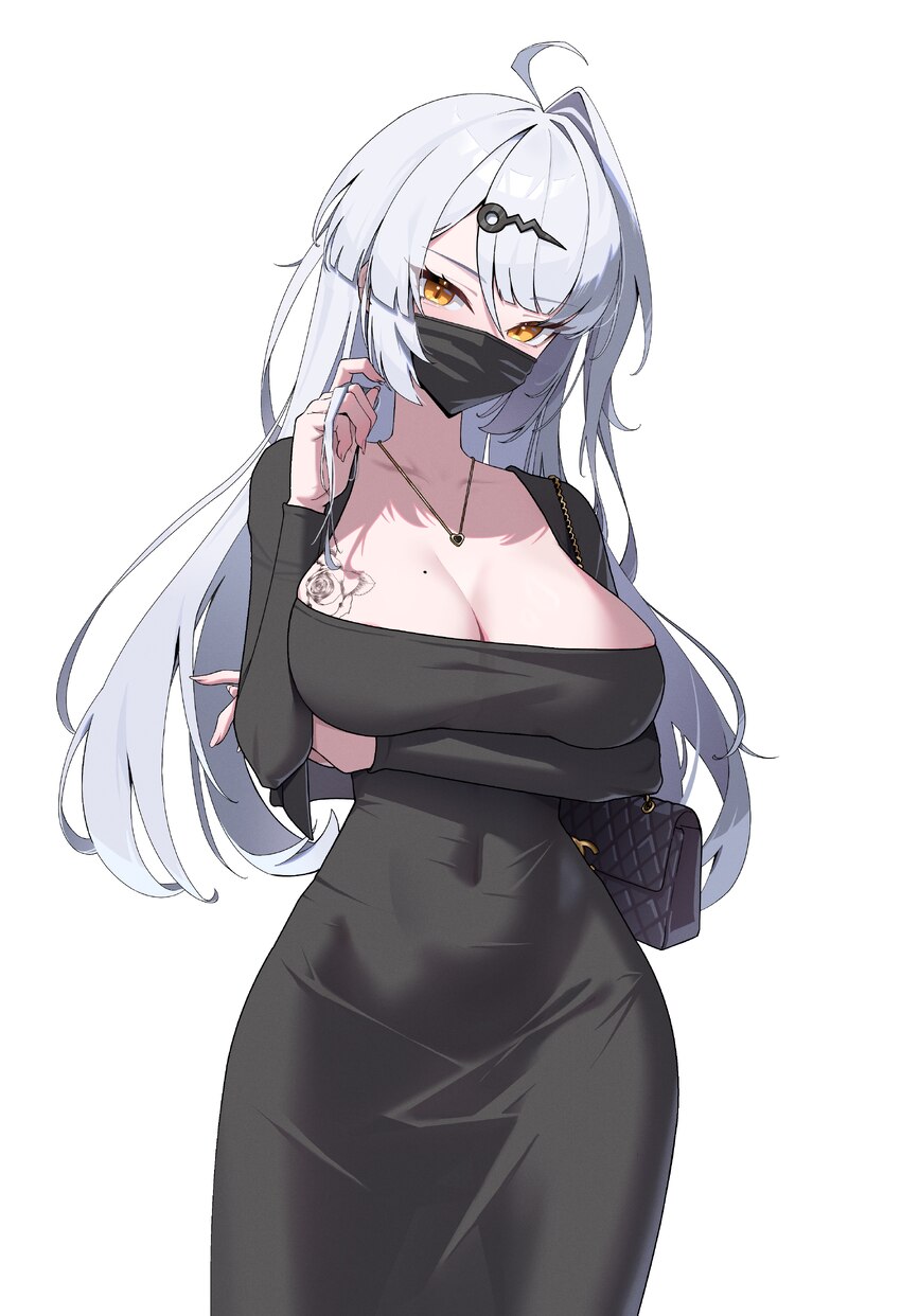 1girl absurdres ahoge arm under breasts black dress breast tattoo breasts cleavage commentary covered navel cowboy shot dongtan dress dress hair orna…