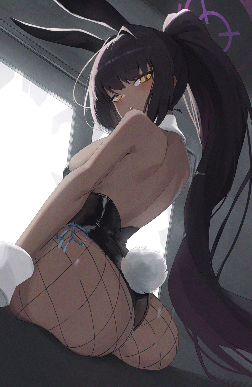1girl animal ears ass black hair black leotard blue archive breasts commentary dark-skinned female dark skin fake animal ears fake tail fishnet panty…