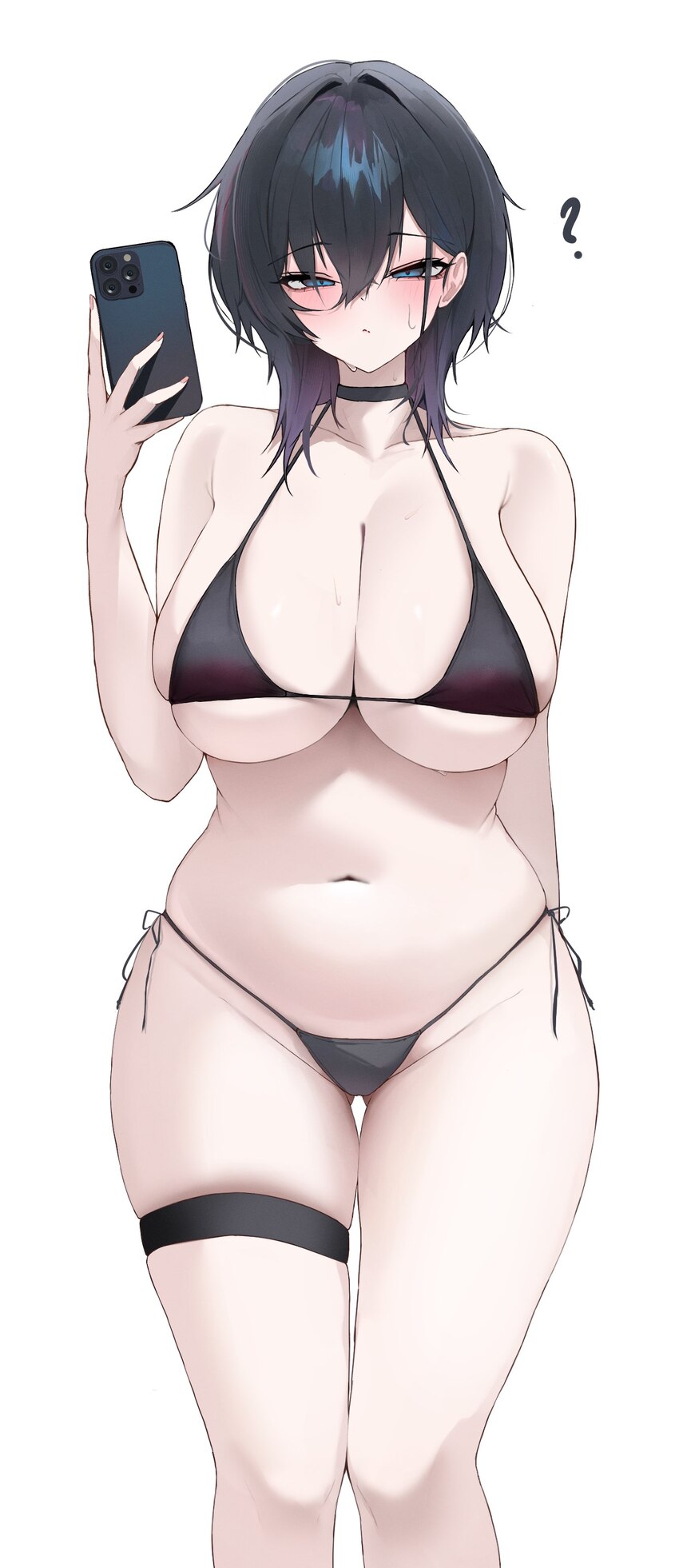 1girl ? absurdres bikini black bikini black choker black hair blue eyes blush breasts cellphone choker closed mouth commentary gamble 0 highres holdi…
