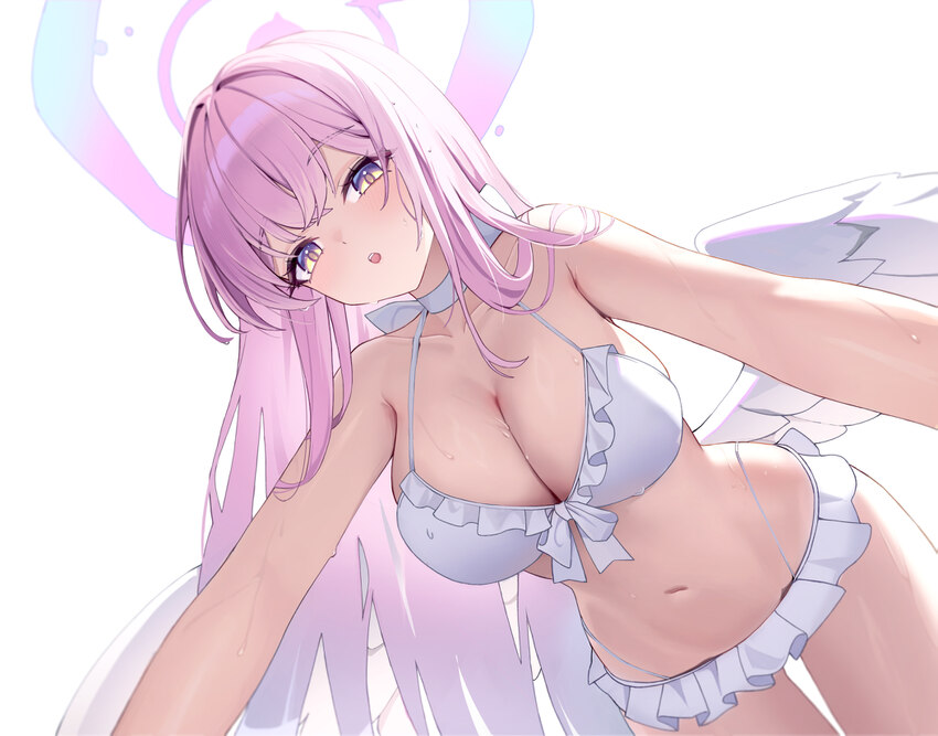 1girl  o angel wings bikini blue archive blush breasts choker cleavage commentary feathered wings frilled bikini frills from below gradient halo hair…