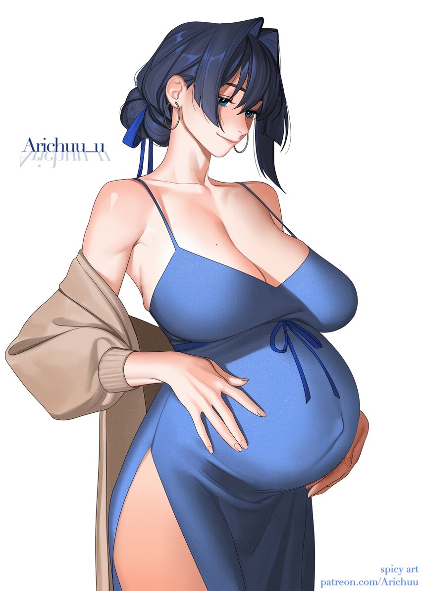 1girl arichuu u blue dress blue eyes blue hair breasts brown cardigan cardigan cleavage commentary covered navel dress earrings english commentary ha…