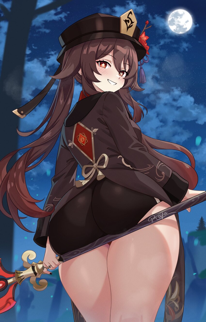 1girl  d ass ass focus ass on staff ass rest ass support black hat black shorts blue sky brown hair brown shoes cloud commentary cowboy shot english …
