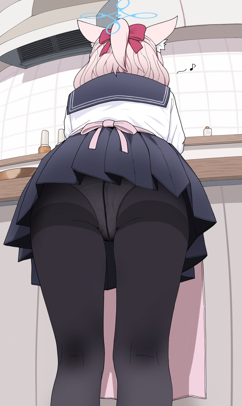 1girl animal ear fluff animal ears apron ass black pantyhose blue archive blue halo bow commentary crotch seam eighth note fox ears fox girl from beh…