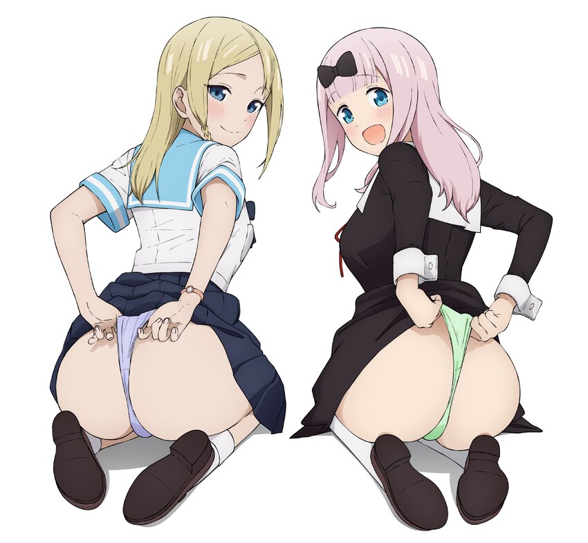 2girls absurdres ass black bow black dress blonde hair blue eyes blue ribbon blue sailor collar blue skirt blush bow braid breasts brown shoes closed…