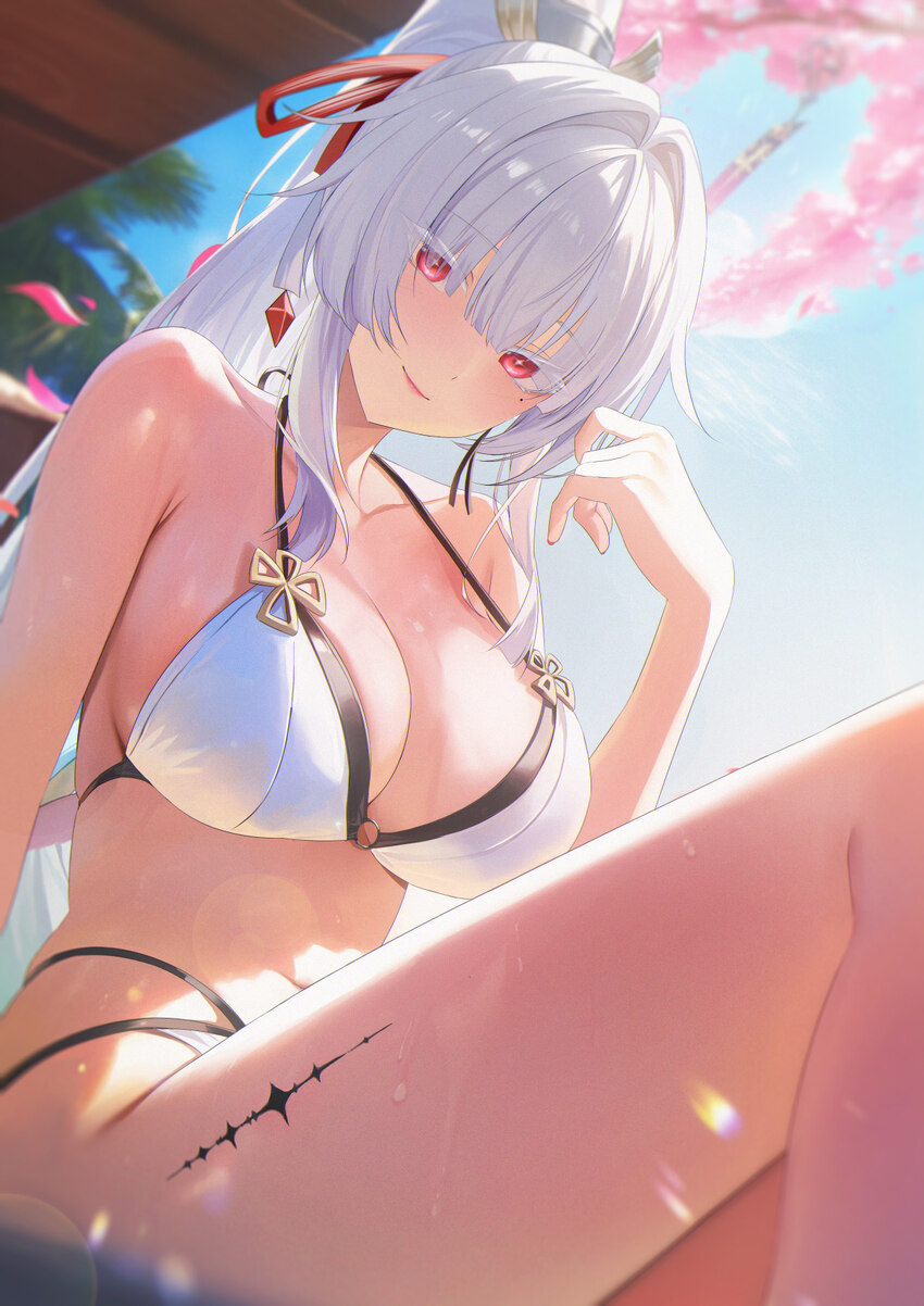 1girl absurdres alternate costume bikini blue sky breasts closed mouth collarbone colored eyelashes commentary day film grain hair intakes hair ribbo…