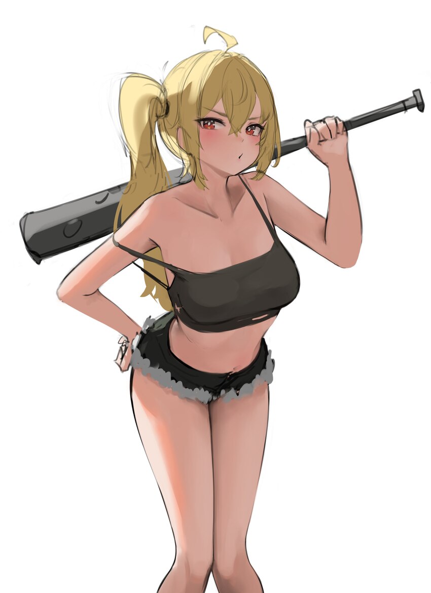 1girl absurdres ahoge alternate breast size (larger) black shorts blonde hair breasts brunobrun9bruno collarbone cowboy shot crop top hair between ey…
