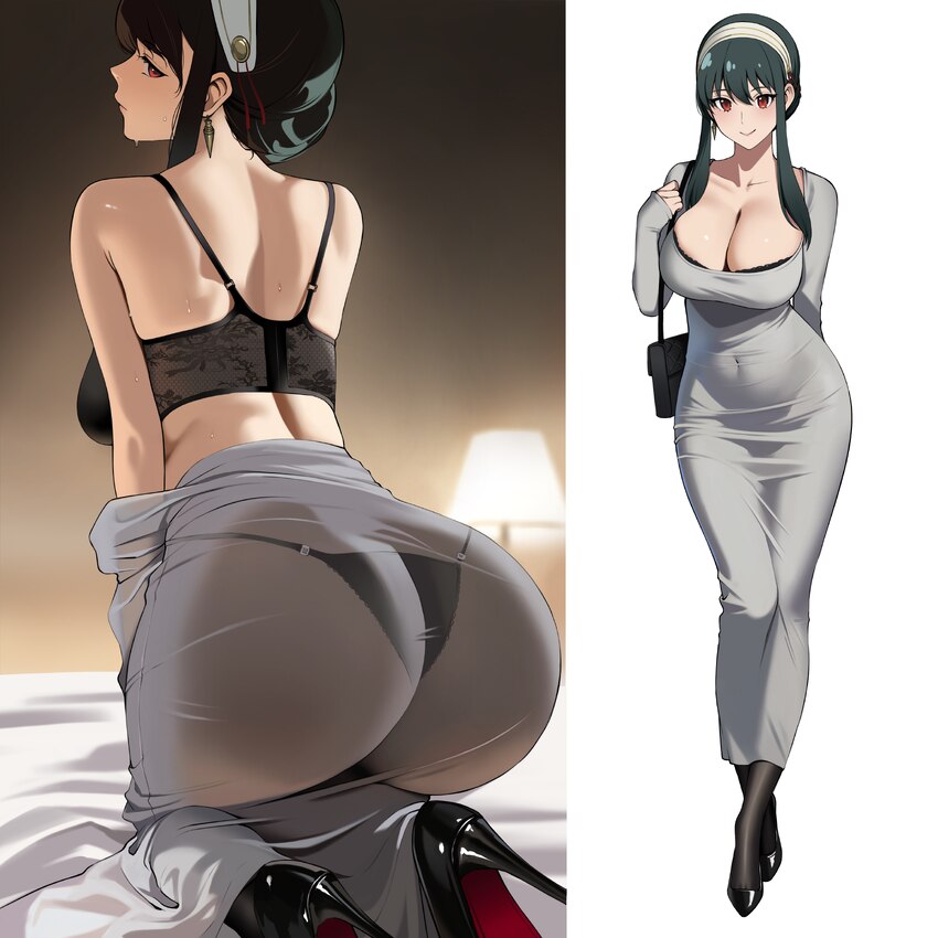 1girl absurdres alternate costume ass ateoyh black bra black hair black panties black shoes bra breasts cleavage collarbone commentary request dongta…
